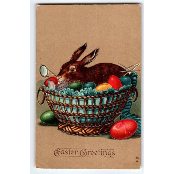 Vintage Easter Postcard 1909 Rabbit in Basket with Eggs Embossed Germany Antique - Picture 1 of 2